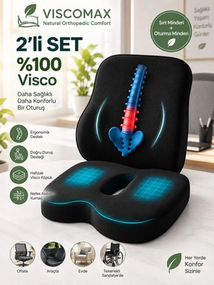 Viscomax Ergonomik Sırt ve Oturma Yastığı – Visco Bel ve Koksiks Destekli 2’li Set
