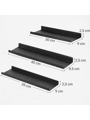 Çelik Ticaret 3’lü Metal Duvar Rafı Yapışkanlı Raf Seti Banyo Rafı Mutfak Rafı Dekoratif Duvar Rafı Siyah Minimal Raf Organizer Seti 30-35-40 cm