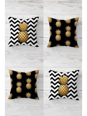 Çelik Ticaret Pelangi Ananas ve Meyve Desenli Gizli Fermuarlı Kırlent Kılıfı Koltuk Yastık Kılıfı TAKIM(4ADET), -Siyah Beyaz 45 x 45