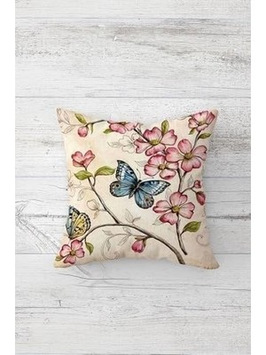 Çelik Ticaret Pelangi Kelebek ve Çiçekler Desenli Gizli Fermuarlı Kırlent Kılıfı Koltuk Yastık Kılıfı TAKIM(4ADET), Pembe-Somon 45 x 45