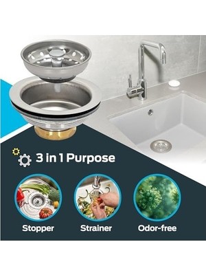 Çelik Ticaret Mutfak Lavabo Süzgeci 30003, Pirinç Eklemli, Paslanmaz Çelik Sepet, 8.9-10.2 cm Açıklık