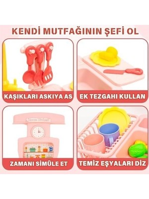 Çelik Ticaret Oyuncak Gerçek Su Akan Mutfak Lavabo Seti | 28 Parça Aksesuarlı | Pilli Su Devir Daimli Mavi (Pembe)
