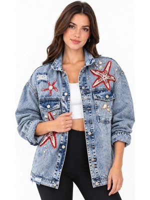 İnci Türkay Inci Türkay Kadın Tasarım Denim Ceket Deniz Yıldızı Temalı Midye Taş Inci Boncuk Işleme Detaylı Mavi Oversize Kalıp Bomber Mont Limitli Üretim