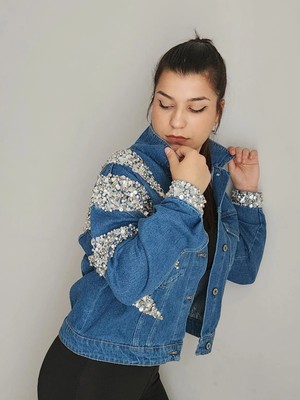 İnci Türkay Inci Türkay Kadın Tasarım Denim Ceket Mavi Relaxed Taş Işleme Detaylı Kot Mont