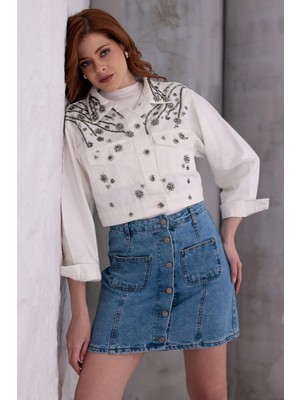 İnci Türkay Inci Türkay Kadın Kot Ceket Taş Boncuk Detaylı Beyaz Crop Denim Ceket