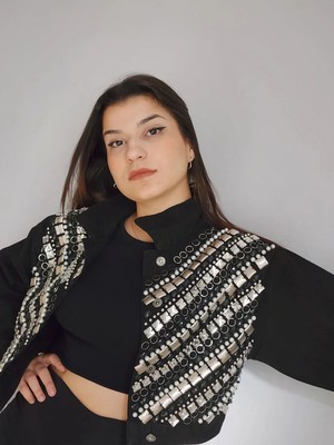 İnci Türkay Inci Türkay Kadın Tasarım Denim Ceket Taş Işleme Detaylı Siyah Oversize Kot Mont