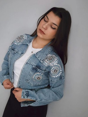 İnci Türkay Inci Türkay Kadın Tasarım Denim Ceket Taş Işleme Detaylı Mavi Oversize Kot Mont