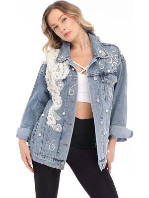 İnci Türkay Inci Türkay Kadın Tasarım Denim Ceket Pech Inci Taş Işleme Detaylı Mavi Oversize Kalıp Kot Mont Limited Edition