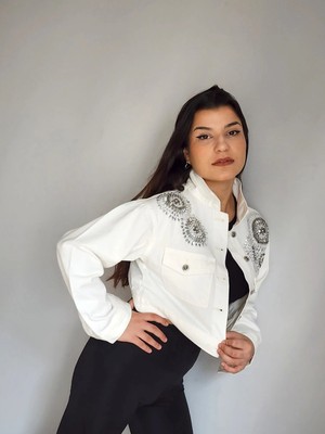 İnci Türkay Inci Türkay Kadın Tasarım Denim Ceket Beyaz Slim Taş Işleme Detaylı Kot Mont