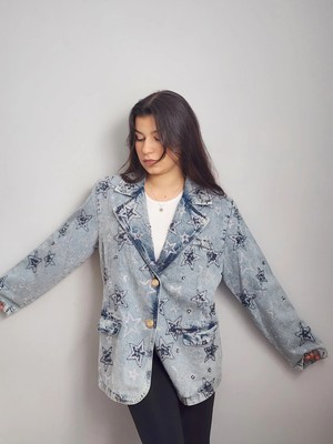İnci Türkay Inci Türkay Kadın Tasarım Denim Ceket Mavi Blazer Taş Işleme Detaylı Kot Mont