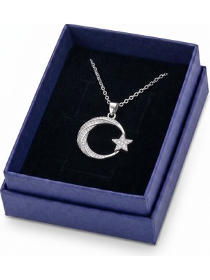 Dolozena Hazır Kutulu Ay Yıldız Çelik Kolye - Zirkon Taşlı Gümüş Tasarım