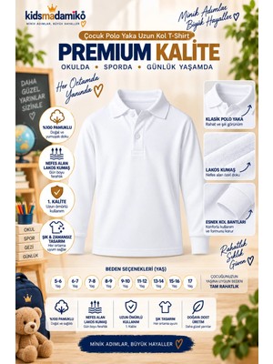 Kidsmadamiko Erkek Kız Çocuk Polo Yaka T-Shirt Uzun Kollu Manşetli %100 Pamuk Tam Kalıp 1. Kalite