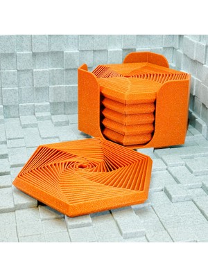 Ecotrend 3D Baskı Super Fidget Coaster Seti - Altıgen Desenli Bardak Altlığı ve Tutucu-Turuncu