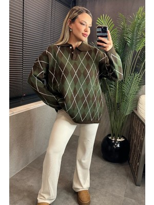 Mir Store Yeşil Polo Yaka Baklava Desenli Kazak