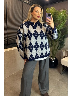 Mir Store Lacivert Polo Yaka Baklava Desenli Kazak