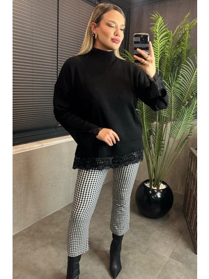 Mir Store Siyah Dantel Detaylı Dik Yaka Triko Kazak
