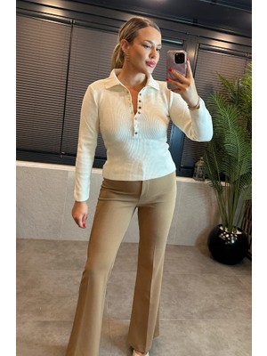Mir Store Ekru Polo Yaka Çıt Çıt Düğmeli Triko Kazak