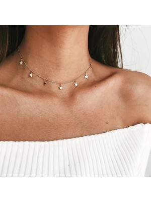 Kokoş Kolye Yıldız Detaylı Chokers Model Altın Renk