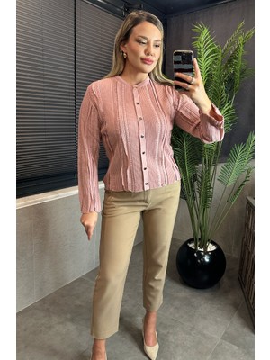 Mir Store Simli Ince Dokuma Detaylı Pembe Triko Hırka