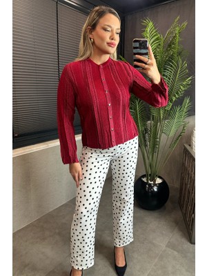 Mir Store Simli Ince Dokuma Detaylı Kırmızı Triko Hırka