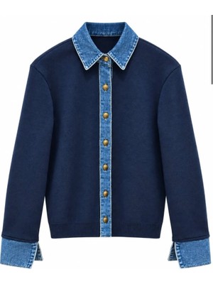 Nice Boutique Denim Detaylı Düğmeli Çelik Örme Hırka