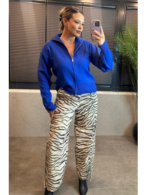 Mir Store Saks Mavi Çift Fermuarlı Triko Hırka