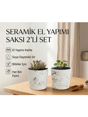 2'li Seramik Saksı/dekoratif Kupa Seti Beyaz Siyah Desenli | Modern Dekoratif El Yapımı Tasarım