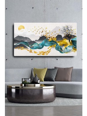 Homearths Dekoratif Soyut Altın Geyik Balık ve Kuşlar Sürreal Kanvas Duvar Tablosu 60 x 120 cm