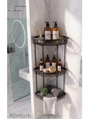 3 Katlı Ömür Boyu PASLANMAZ%100 Alüminyum Siyah Renk Banyo Köşe Rafı-Duş Şampuanlık Organi