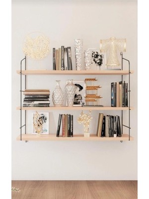Modern 3 Katlı Ahşap Duvar Rafı – Metal Çerçeveli Dekoratif Kitaplık Raf – Salon, Ofis, Mu