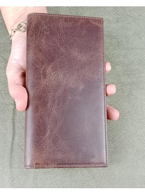 Hakiki Deri Telefon Bölmeli Kadın Erkek Cüzdan (Kahverengi)