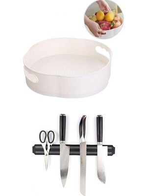 360 Derece Dönebilen Mekanizmalı Yuvarlak Tepsi Formlu Organizer + Manyetik Bıçak Askısı 33 cm