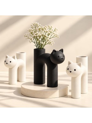 Tr Siyah Beyaz Kedi Figürlü Vazo 3'lü Set | 3D Baskı Pla | Modern Dekoratif Vazo & Kalemlik | Mi