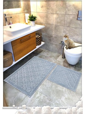 Tr %100 Pamuk Dokuma Su Emici Banyo Paspas Seti, Banyo Halısı Çiçek 2 Li Set 60X100-60X50 (Gri)