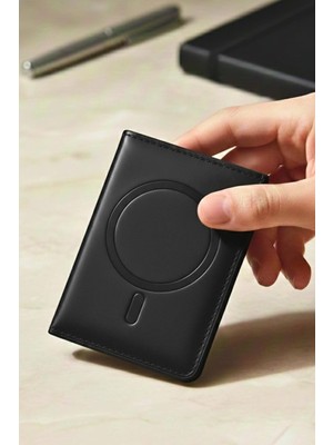 Magsafe ile Uyumlu Deri Kartlık Cüzdan - Premium Seri Stand Özellikli Kart Bölmeli - Siyah