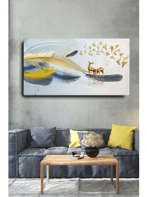 Homearths Dekoratif Soyut Altın Geyikli Tüy Sürreal Kanvas Duvar Tablosu 120X60CM