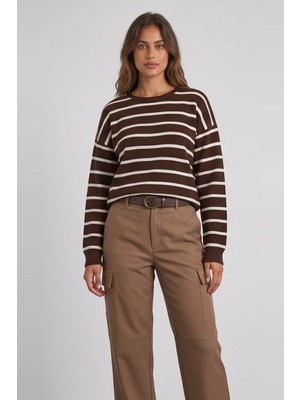 Fashion Friends Çizgili Kahverengi Kadın Kazak 26K0477K1