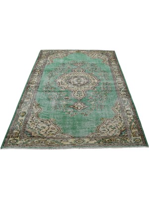 Zehra Abla Halı Vintage El Dokuma 5m2 Dekoratif Göbekli Yeşil Yün Halı 7640