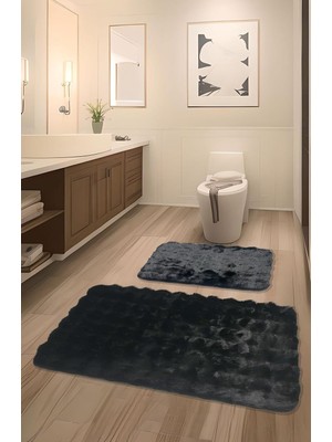 Bubble Tavşan Tüyü, Kaymaz Taban, Pofuduk, Ultra Lüks, Yıkanabilir 2'li Banyo Paspası (Siyah)