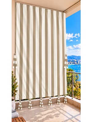 Shy Tekstil Bej - Krem Su Geçirmez Branda Balkon Perdesi Kornişli, Bağcıklı, Güneş ve Rüzgara Dayanıklı Dış Mekan Perdesi