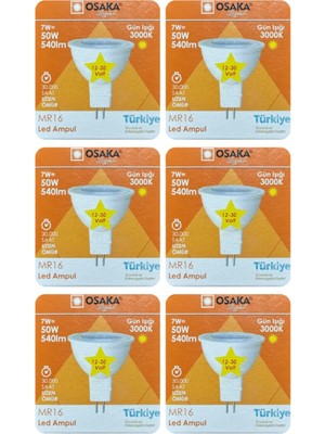 12V 7W (50W) Sarı (3000K) Gu5.3 LED Spot Ampul, 6 Adet