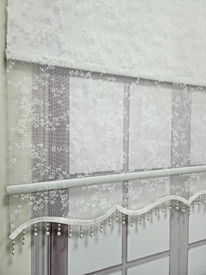 Tr Çiçek Desenli Boncuklu Tül ve Stor Perde Beyaz MT4003B 150X200