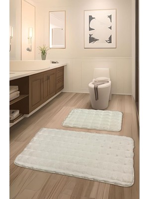 Bubble Tavşan Tüyü, Kaymaz Taban, Pofuduk, Ultra Lüks, Yıkanabilir 2'li Banyo Paspası (Ekru)