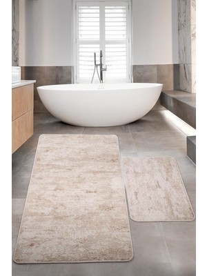 Nova Krem 80X150 + 50X80 cm 2'li Banyo Halısı Paspas Seti, Kaymaz Taban