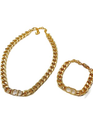 Tr Altın Renk Kombin CD Harfli Christian Dior Model Kalın Zincir Kolye Bileklik Set - 3008