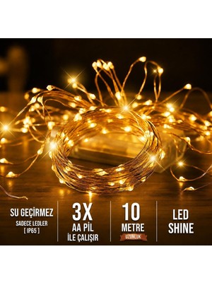 Peri LED 10 Metre Gün Işığı Sarı 3 Fonksiyonlu Pilli Dekoratif Aydınlatma Süsleme Parti LED