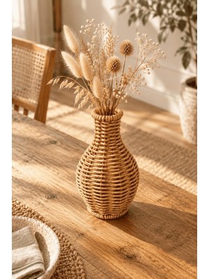 Doğal Hasır Rattan Amfora Çiçek Vazosu 16 cm - Masa Üstü Dekoratif El Örgüsü Kuru Çiçekli