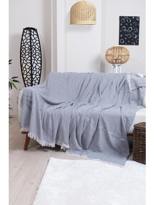 Pamuklu Zikzak Desenli Püsküllü Koltuk Örtüsü, 170X210 Cm, Geometrik Desen, Minimalist Stil, Y