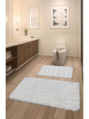 Bubble Tavşan Tüyü, Kaymaz Taban, Pofuduk, Ultra Lüks, Yıkanabilir 2'li Banyo Paspası Beyaz