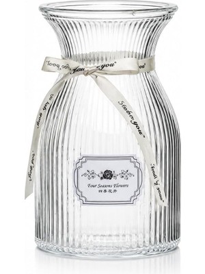 04288 Dikey Çizgili Cam Vazo – 1400 ml Kurdele Detaylı Şeffaf Vazosu (19.5 Cm)